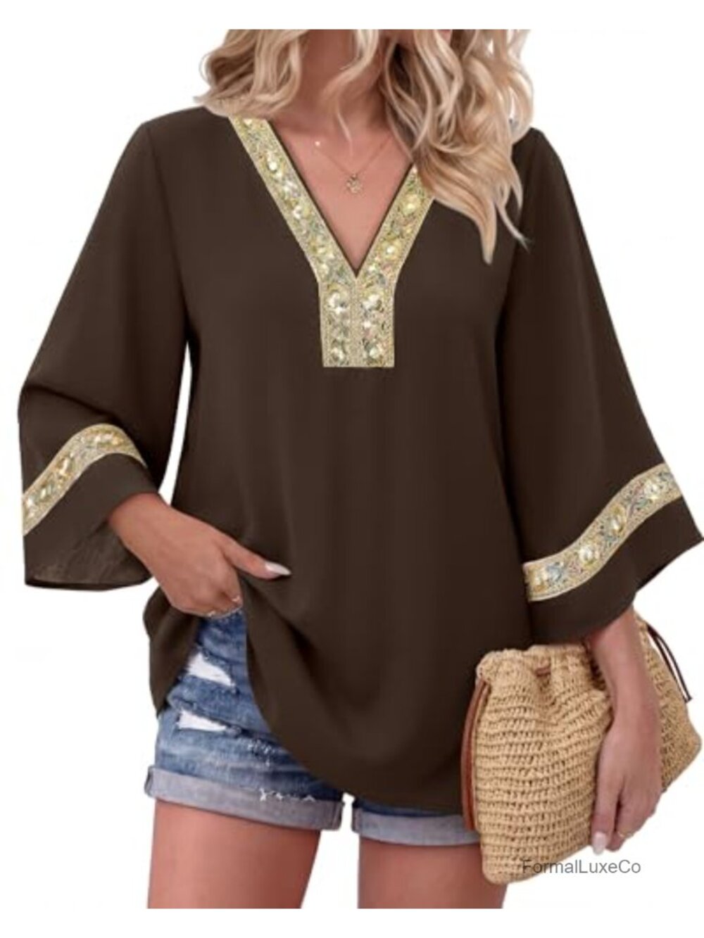 Womens Boho Embellished 3/4 Sleeve V-Neck Tunic Top (2)